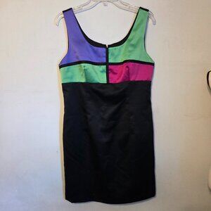 Jessica Howard 12 Black Satin w/Green, Pink & Black Block Top. Sleeveless.